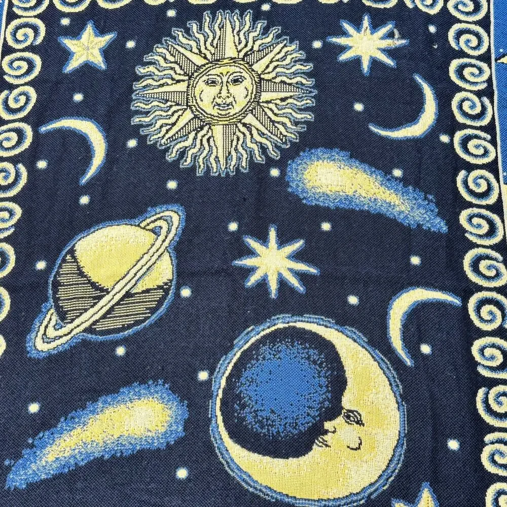 Vintage 90's Celestial Sun Moon Stars Throw Blanket Decor Reversible Fringed